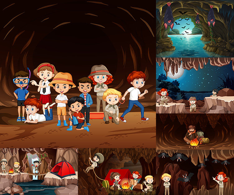 洞穴探险插画 卡通户外山洞露营冒险人物场景 ai格式矢量设计素材