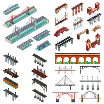 各种桥梁 拱桥高架桥跨海大桥悬桥吊桥插画 AI格式矢量设计素材