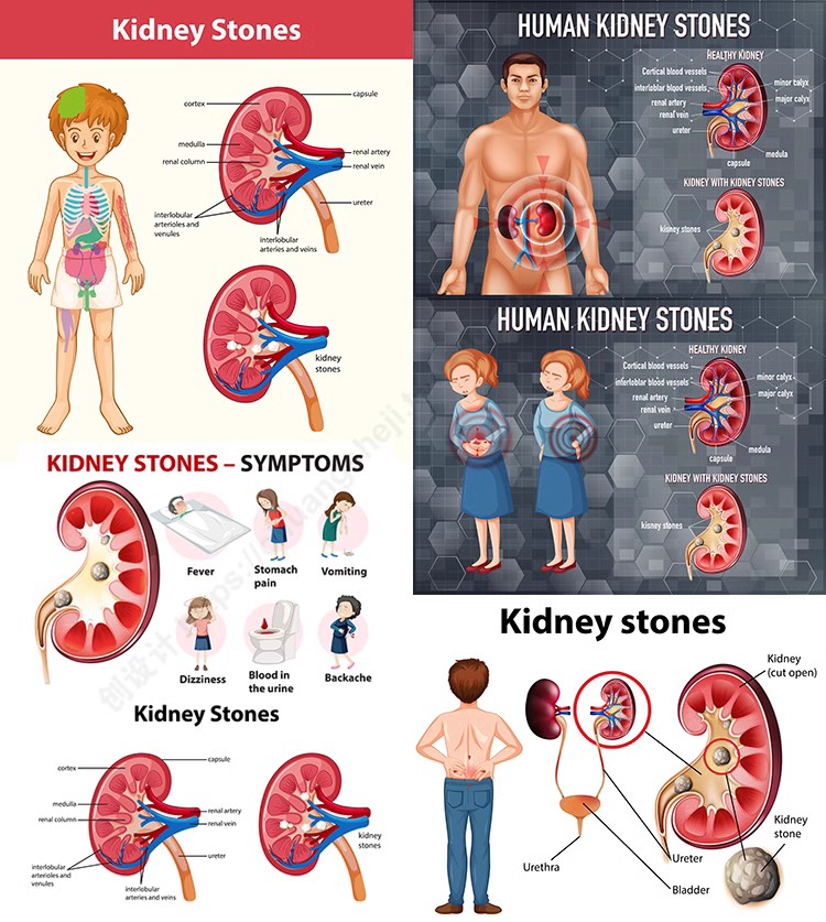 肾结石插画 卡通英文泌尿系统人物症状信息图 AI格式矢量设计素材