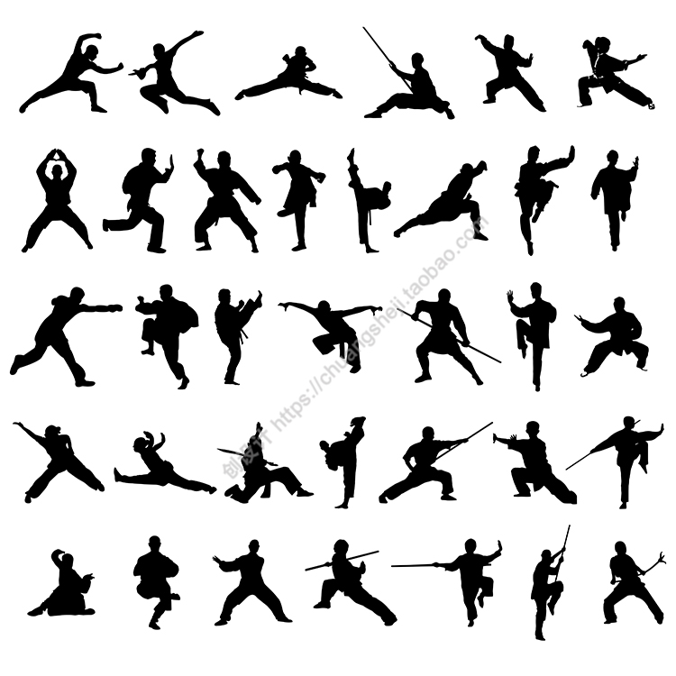 武术动作人物剪影  少林功夫武打棍术太极 ai格式矢量设计素材