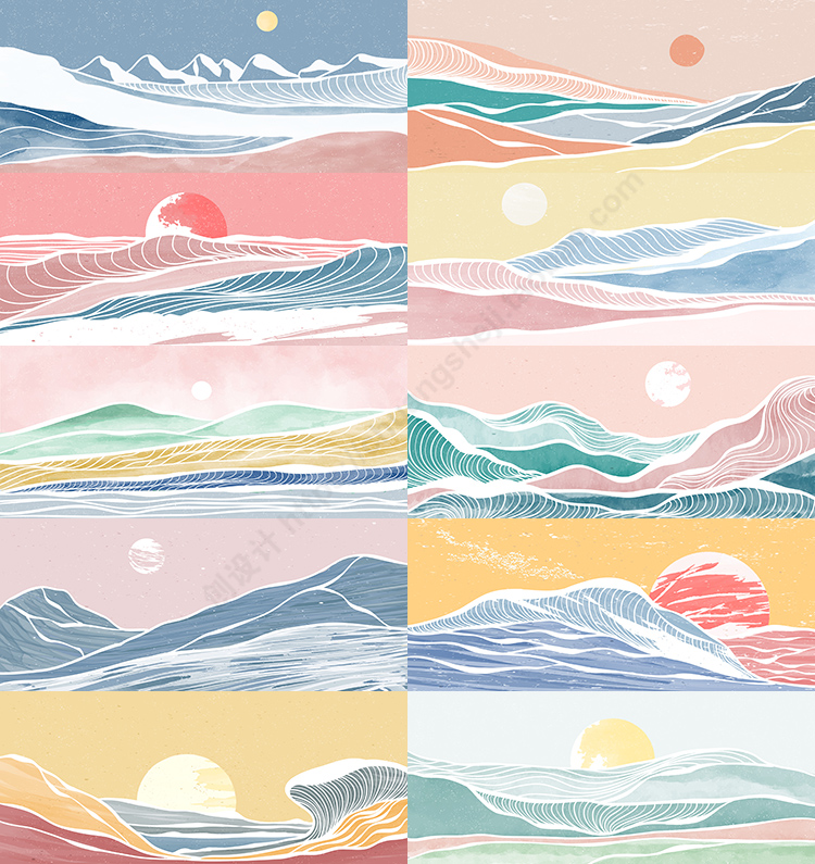 日系风格山川景色背景 复古线条山峰落日横幅 AI格式矢量设计素材