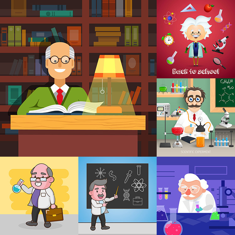 卡通教授插画 博士老师化学研究导师人物海报背景 AI矢量设计素材