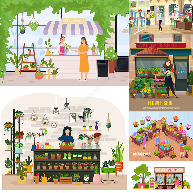卡通花店插画 扁平化卖花植物盆栽人物场景 ai格式矢量设计素材