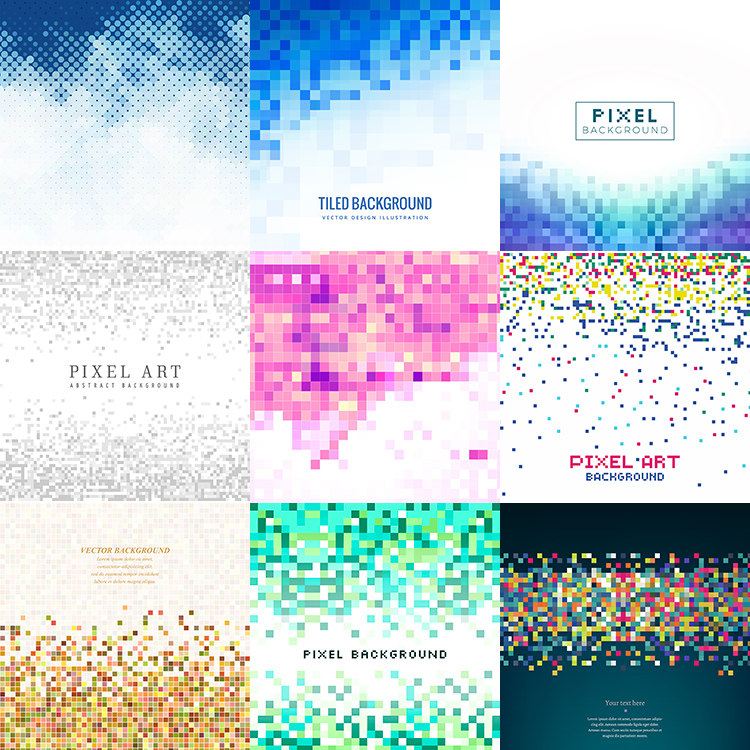像素背景 9款彩色像素马赛克底纹海报模板 ai格式矢量设计素材