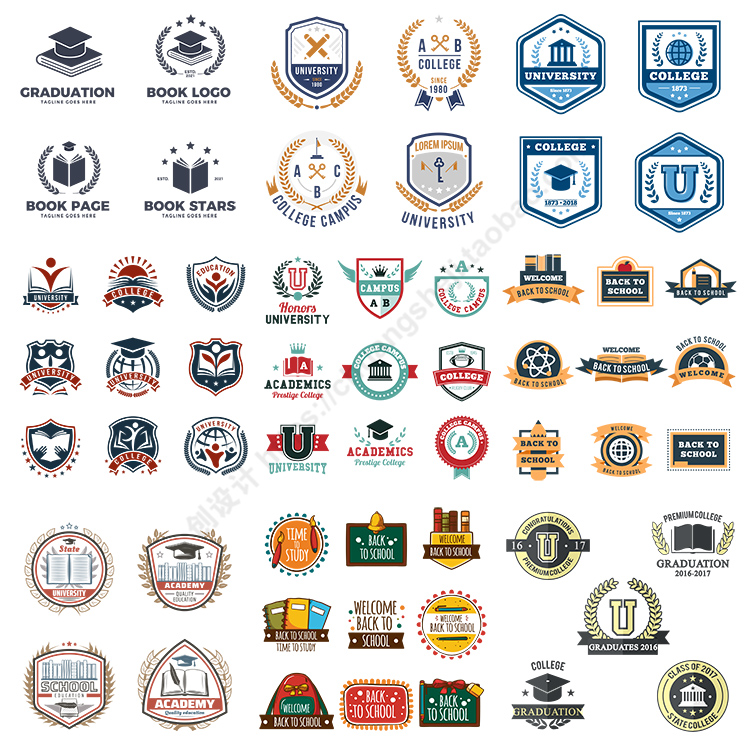 教育元素标签 学校大学校徽书籍图书LOGO图标 AI格式矢量设计素材