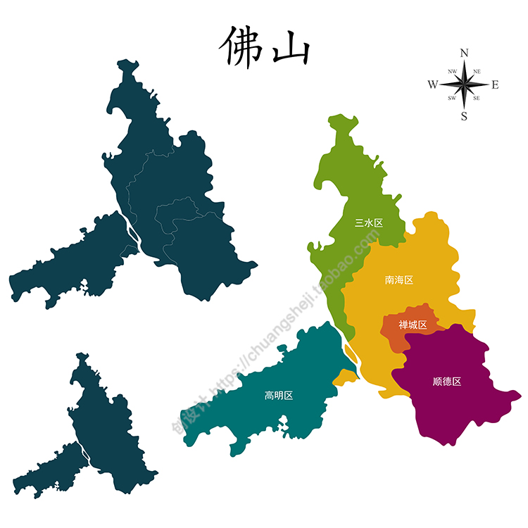 佛山市分区地图 空白简单版块地图 非实物 ai格式矢量设计素材