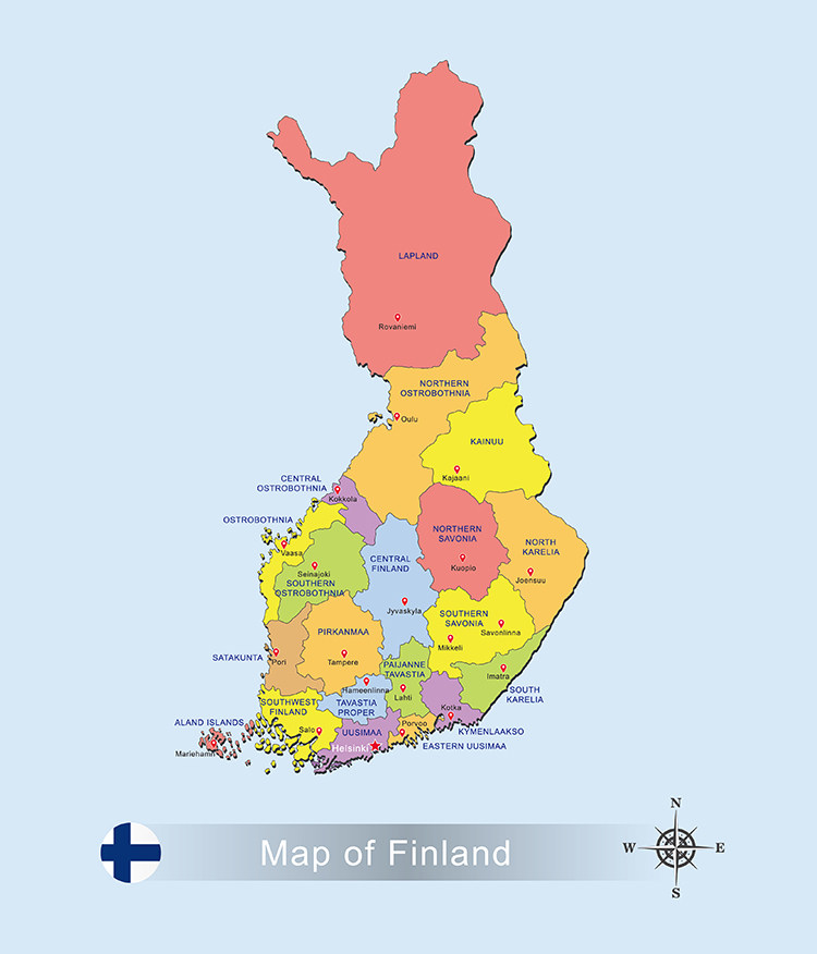 芬兰地图 简单英文版国家分区图非实物地图 AI格式矢量设计素材