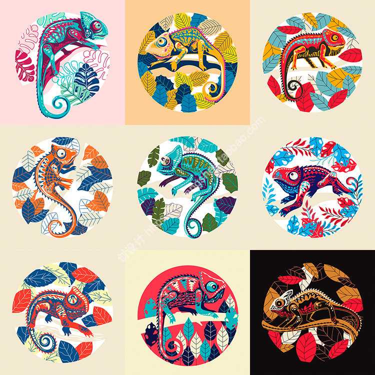 变色龙插画 个性色彩卡通蜥蜴爬行动物背景 ai格式矢量设计素材