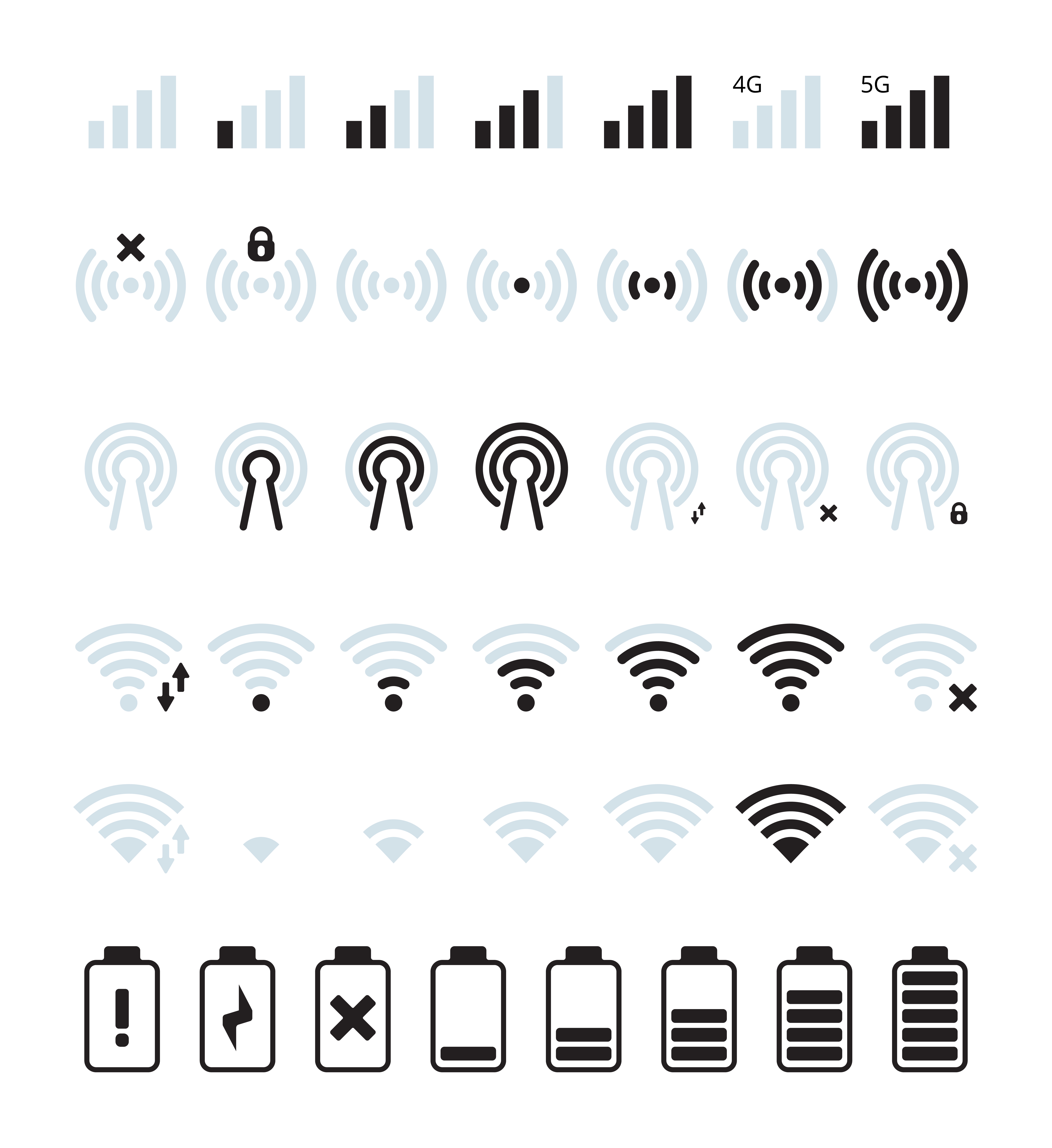手机信号电量小图标 无线wifi信号格电池量能 ai格式矢量设计素材