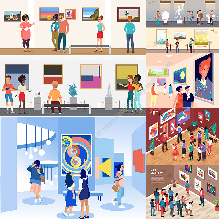 卡通展览插画 绘画艺术馆画展人物参观场景 ai格式矢量设计素材