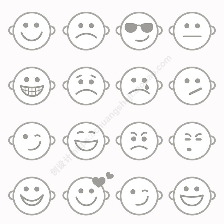 白色圆形表情图标 16款可爱儿童表情图标 ai格式矢量设计素材