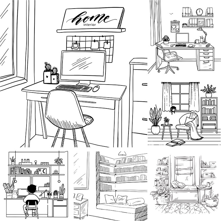 手绘书房插画 卡通学习房间背景 AI格式矢量设计素材