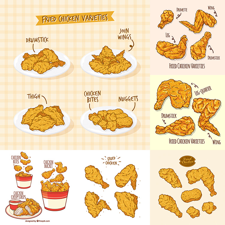 炸鸡 美味快餐高热量食品食物鸡块鸡腿鸡翅 AI格式矢量设计素材