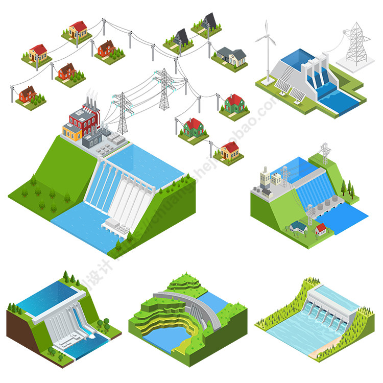 5d卡通大坝堤堰水利工程 ai格式矢量设计素材