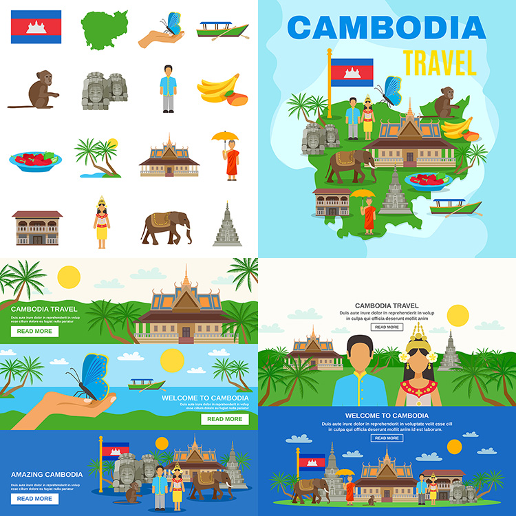 柬埔寨旅游风情 Cambodia旅行元素标志性景点 AI格式矢量设计素材