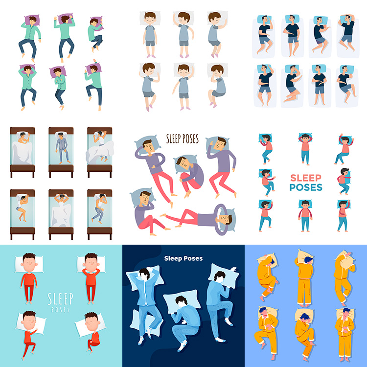 卡通男士睡姿 扁平人物床上睡觉姿势侧卧平躺 ai格式矢量设计素材