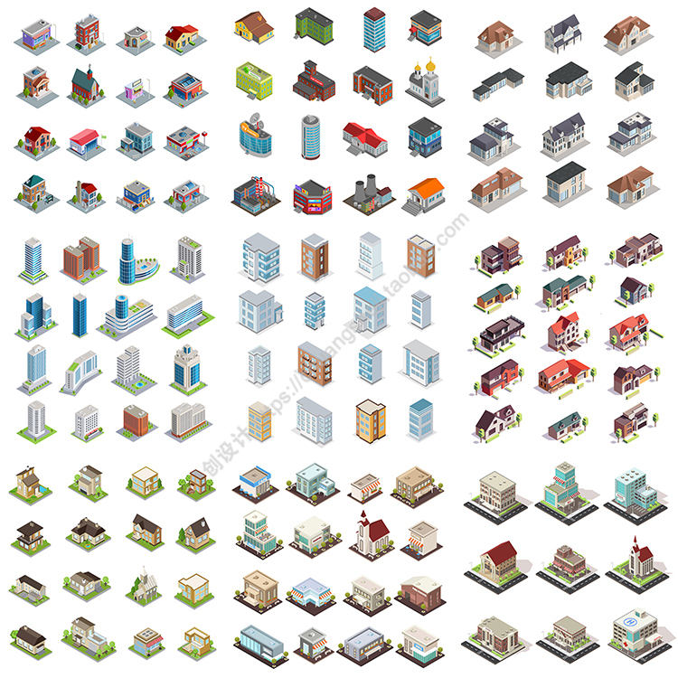 5d等距建筑物 扁平化卡通高楼大厦楼房别墅 ai格式矢量设计素材
