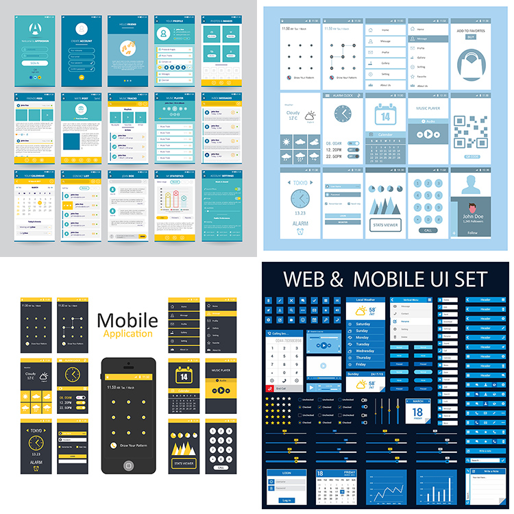手机UI界面AI矢量素材 扁平化清新APP交互设计页面 设计素材