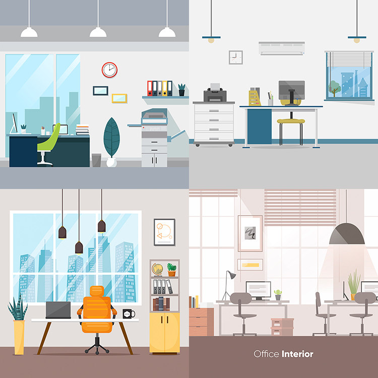 扁平化办公室环境 商务白领室内工作插画背景 ai格式矢量设计素材