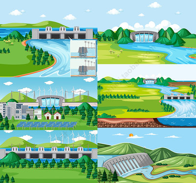 大坝插画 堤堰水库拦水大堤防洪发电水利工程 AI格式矢量设计素材