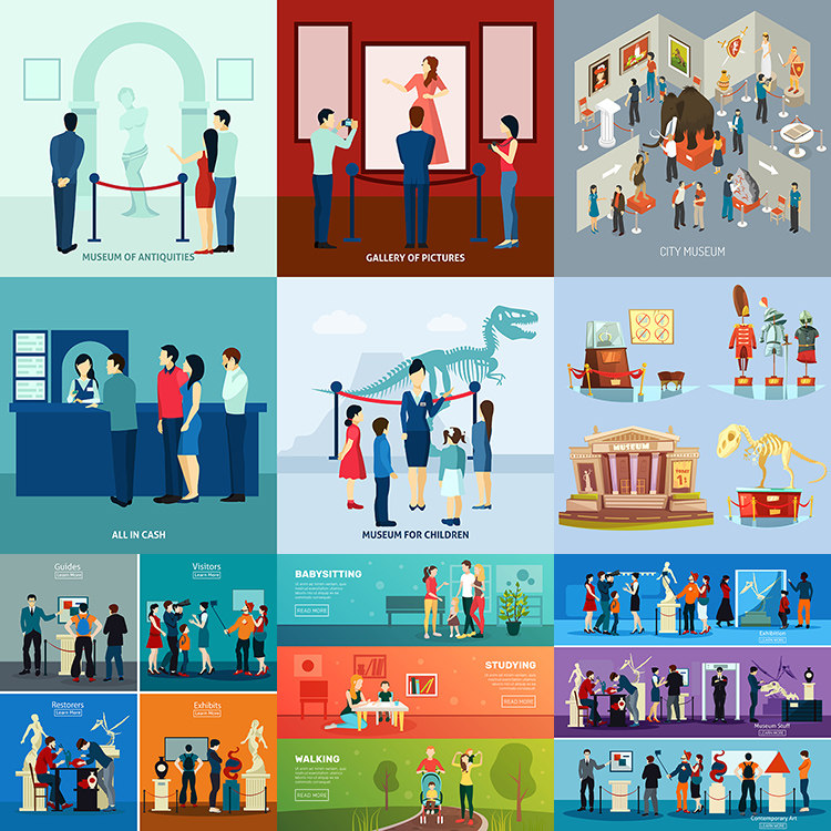 博物馆 扁平化卡通展览馆典藏陈列参观人物 ai格式矢量设计素材