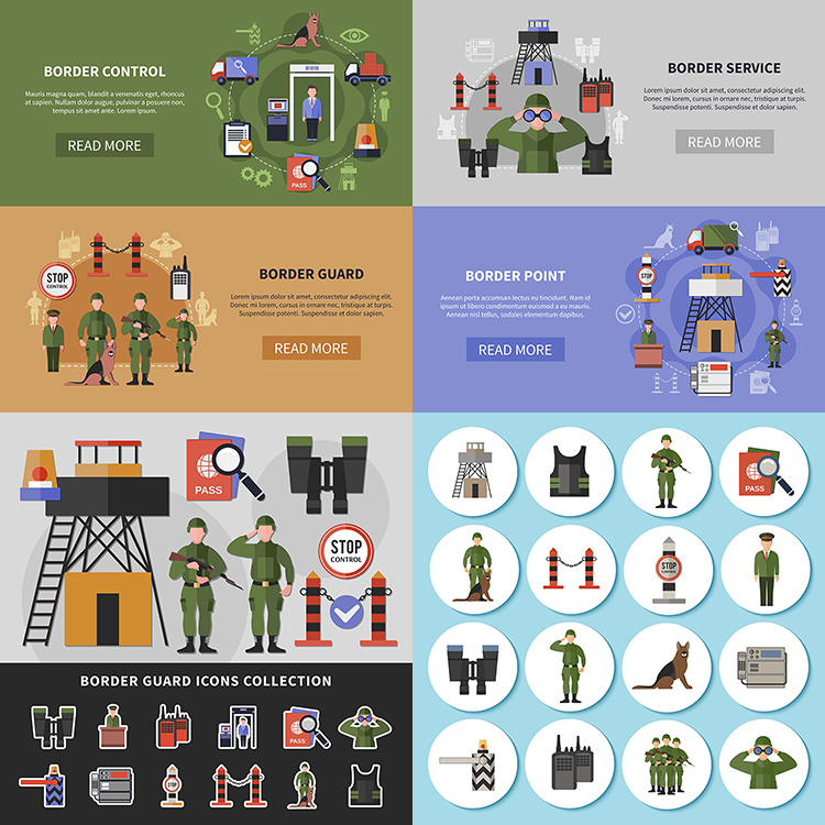 边境防卫插画 军人士兵放哨站岗警犬守卫图标 AI格式矢量设计素材