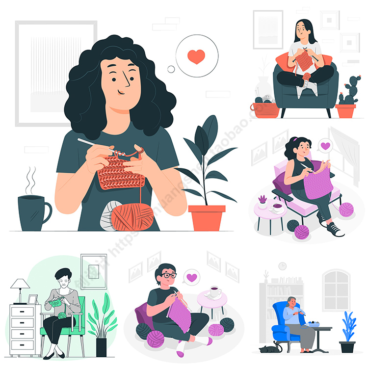 织毛线人物插画 扁平化卡通织围巾织毛衣场景 AI格式矢量设计素材