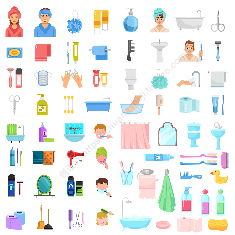 扁平化浴室元素图标 毛巾浴缸梳子厕纸牙刷 AI格式矢量设计素材