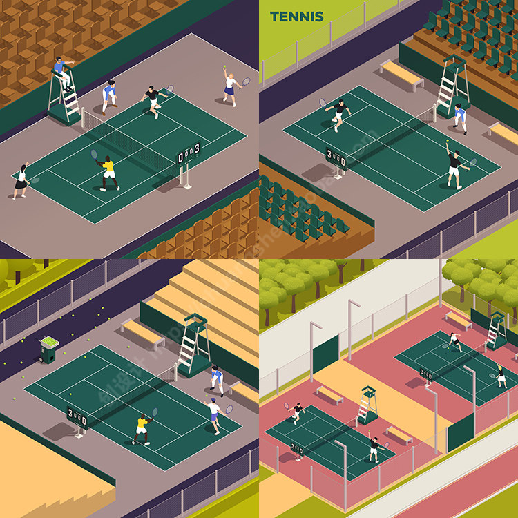 4款网球场插画 扁平化卡通打网球人物场景 ai格式矢量设计素材