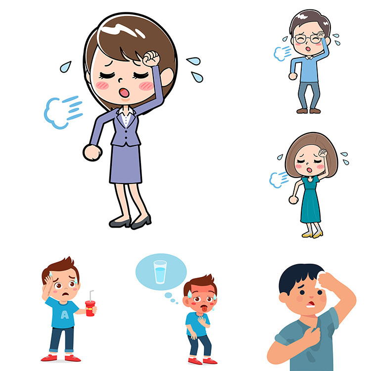 流汗卡通人物 夏季大热天出汗口渴插画形象 ai格式矢量设计素材