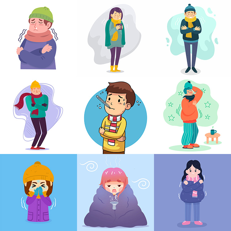 感冒发烧颤抖人物插画 扁平化卡通怕冷发抖 AI格式矢量设计素材
