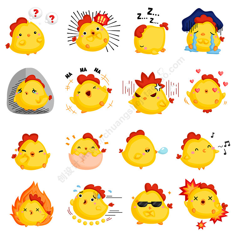 卡通小鸡插画 16个可爱动物表情形象图标 ai格式矢量设计素材