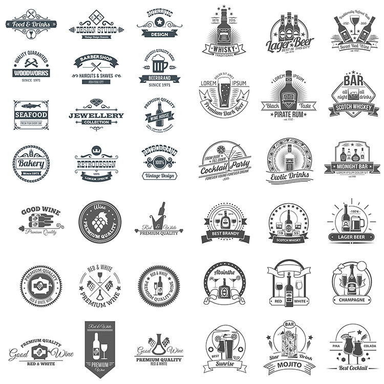 黑白红酒标签 葡萄酒食物元素标贴图标 ai格式矢量设计素材