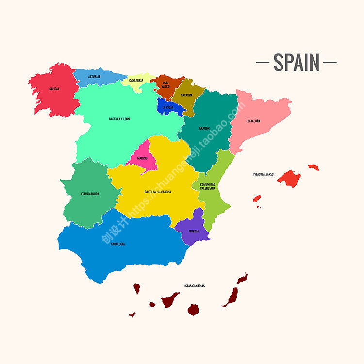 西班牙彩色地图 简单英文国家分区图 非实物 ai格式矢量设计素材