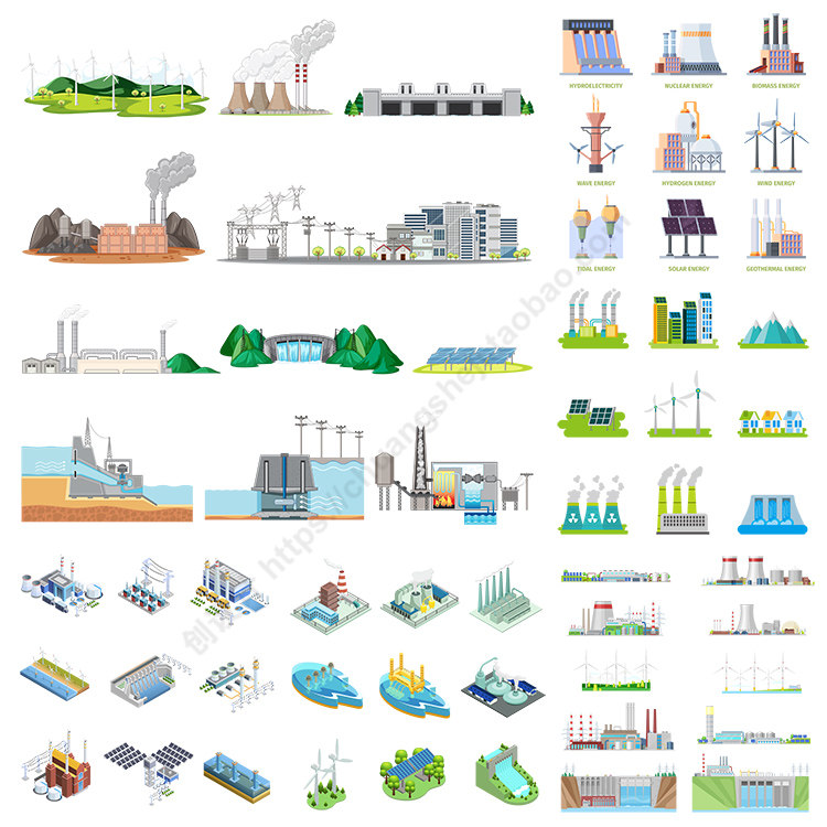 卡通发电厂图标 水力火力风力太阳能核电站 ai格式矢量设计素材