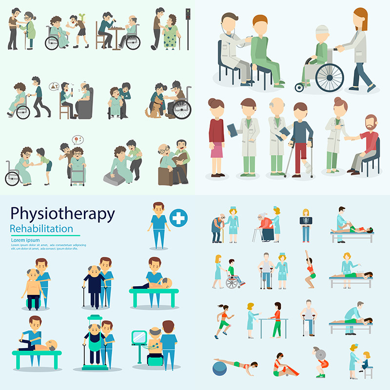 扁平化康复理疗人物场景 卡通老年人保健治疗 ai格式矢量设计素材
