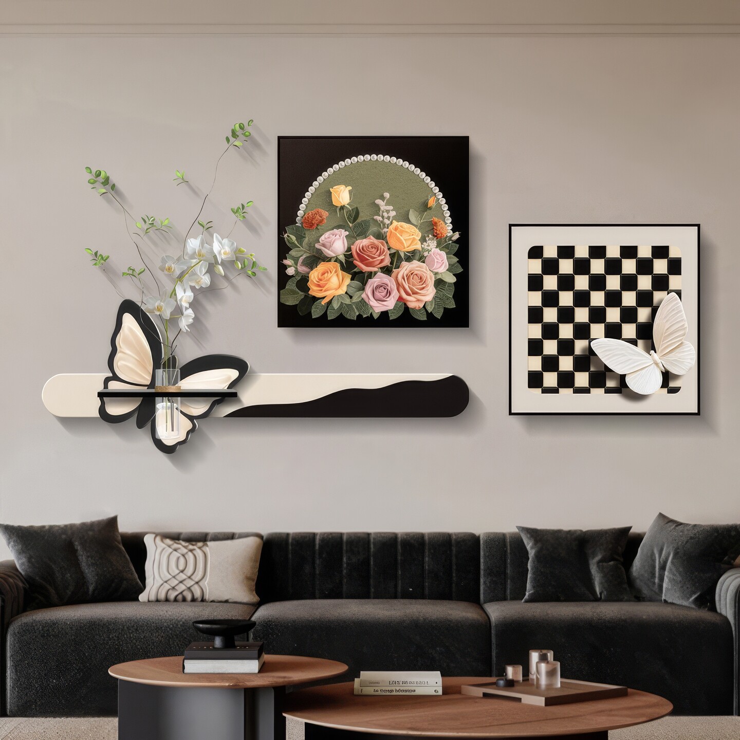 现代简约客厅装饰画蝴蝶花卉沙发背景墙挂画水培绿植三联组合壁画