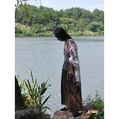 棉麻竖条纹阔腿裤复古宽松禅茶服