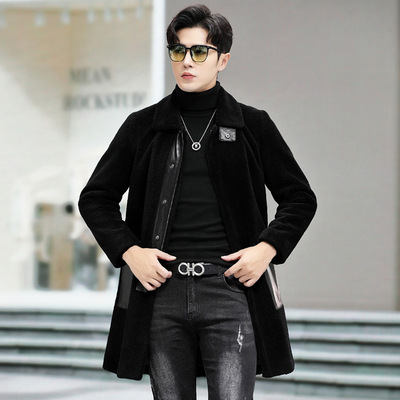 海宁皮毛一体男中长款羊羔毛翻领皮草外套真皮皮衣颗粒羊剪绒大衣