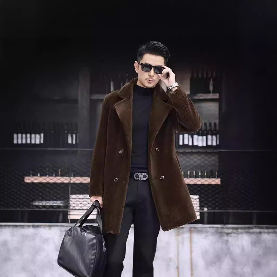 皮毛一体男士西装领中长款双面穿羊剪绒大衣真皮草冬季羊羔毛外套