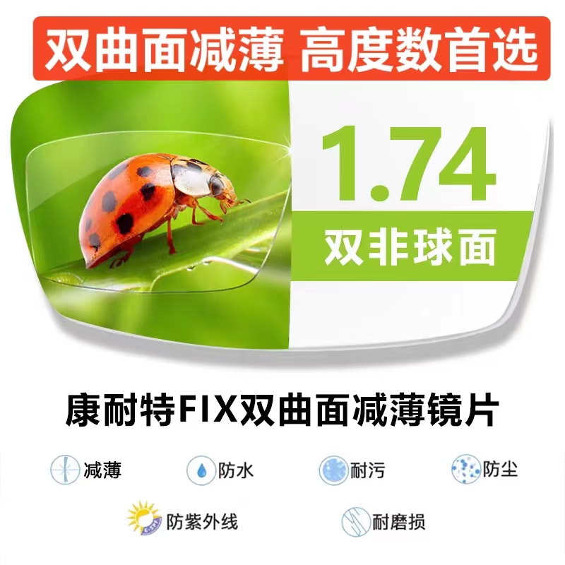 康耐特超薄防蓝光变色镜片1.74FIX双曲面高度近视MR-8,MR-174镜片