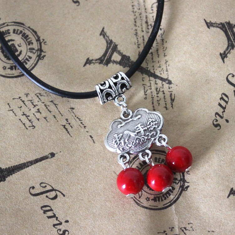 长命锁项链复古藏银蓝松石吊坠锁骨链短款个性时尚黑绳民族风项链