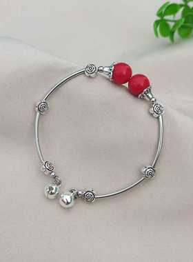 久美俪民族风女藏银红色手镯手工