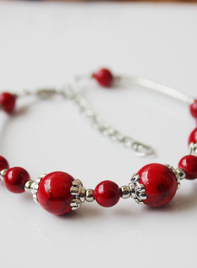 民族风红色珠手链女复古个性银饰
