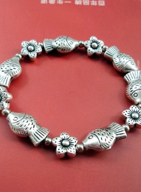 云南民族风饰品藏银鱼手串民族复古首饰手链 苗银花朵手链女SL022