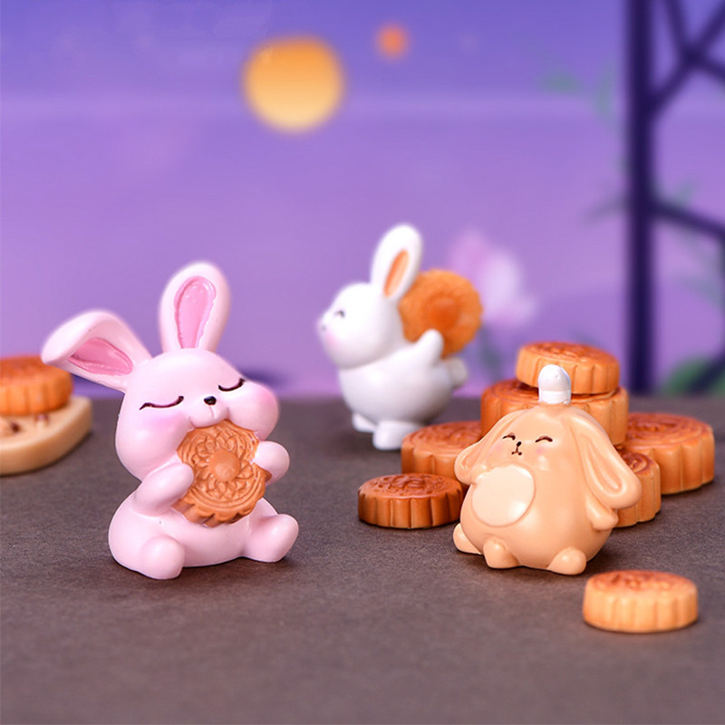 中秋节月饼荷花模型小兔子树脂公仔玩偶水族盆栽造景烘焙蛋糕摆件