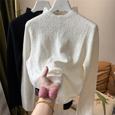 羊毛柔软半高领蕾丝提花针织衫女长袖外穿打底毛衣上衣纯色花朵