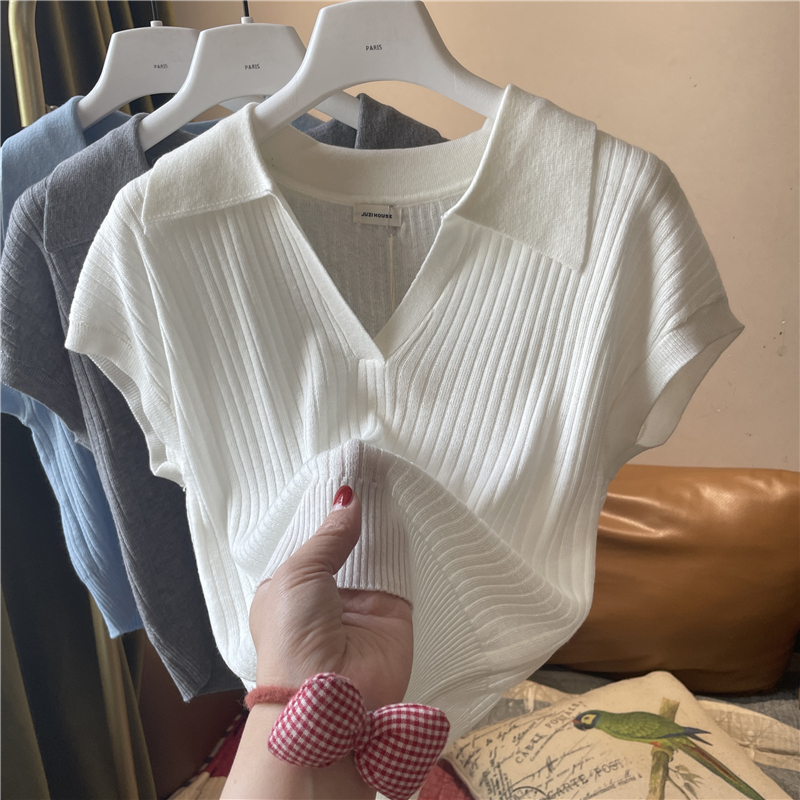 翻领抗条冰丝针织短袖T恤女套头夏季短款polo领上衣纯色打底衫