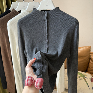 羊毛半高领纽扣针织开衫女长袖外穿打底毛衣上衣纯色坑条单排扣