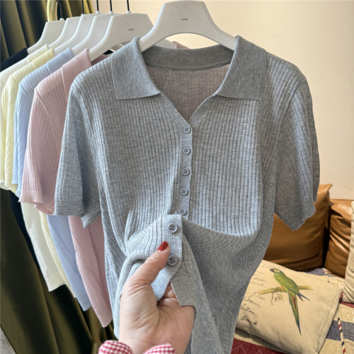 莱赛尔轻熟风POLO领短袖针织衫女修身显瘦纽扣上衣多色坑条纯色